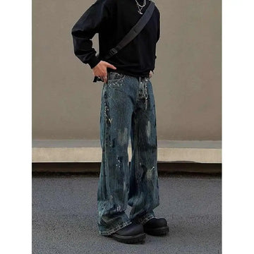 Street men and women trendy personality retro blue splashed ink design straight leg jeans couple hip-hop loose casual pants y2k